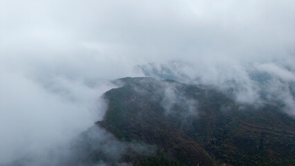 Aerial view of mountains in autumn mist