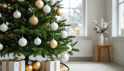 Minimalist Christmas tree with white and gold ornaments in a Scandinavian style interior, soft natural light, and clean neutral background. Perfect for modern holiday branding and decor visuals.