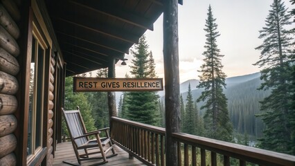 Cozy Cabin on Porch Overlooking Forested Landscape at Sunrise