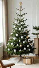 Minimalist Christmas tree with white and gold ornaments in a Scandinavian style interior, soft natural light, and clean neutral background. Perfect for modern holiday branding and decor visuals.