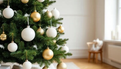 Minimalist Christmas tree with white and gold ornaments in a Scandinavian style interior, soft natural light, and clean neutral background. Perfect for modern holiday branding and decor visuals.