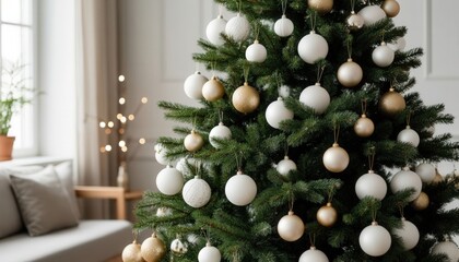 Minimalist Christmas tree with white and gold ornaments in a Scandinavian style interior, soft natural light, and clean neutral background. Perfect for modern holiday branding and decor visuals.