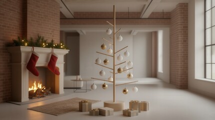 Minimalist Christmas tree with white and gold ornaments in a Scandinavian style interior, soft natural light, and clean neutral background. Perfect for modern holiday branding and decor visuals.