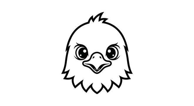 Black and white cartoon eaglet head isolated flat illustration