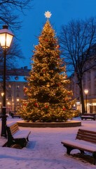 Snowy town square with a grand outdoor Christmas tree, glowing lights, ornaments and festive garlands on lampposts, surrounded by benches in a serene evening glow. Perfect for holiday branding visuals