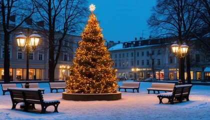 Snowy town square with a grand outdoor Christmas tree, glowing lights, ornaments and festive garlands on lampposts, surrounded by benches in a serene evening glow. Perfect for holiday branding visuals