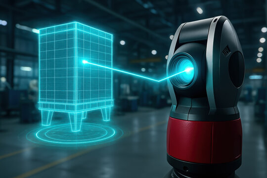 Laser tracker in industry scanning 3D object for precise measurement and quality control in modern factory environment