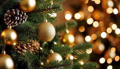 Close-up of Christmas tree branches with golden baubles, pinecones, and fairy lights against a blurred bokeh background. Perfect for festive branding, seasonal décor, and holiday campaigns.