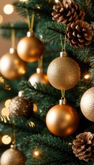 Close-up of Christmas tree branches with golden baubles, pinecones, and fairy lights against a blurred bokeh background. Perfect for festive branding, seasonal décor, and holiday campaigns.