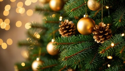 Close-up of Christmas tree branches with golden baubles, pinecones, and fairy lights against a blurred bokeh background. Perfect for festive branding, seasonal décor, and holiday campaigns.