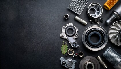 tuning car background auto spare parts on dark workbench flat lay background