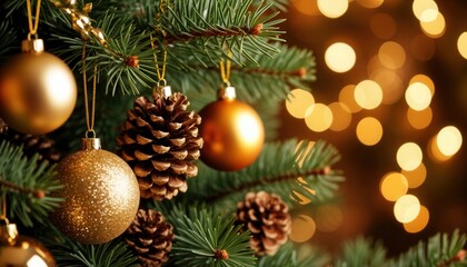 Close-up of Christmas tree branches with golden baubles, pinecones, and fairy lights against a blurred bokeh background. Perfect for festive branding, seasonal décor, and holiday campaigns.