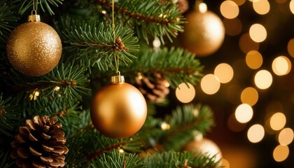 Close-up of Christmas tree branches with golden baubles, pinecones, and fairy lights against a blurred bokeh background. Perfect for festive branding, seasonal décor, and holiday campaigns.