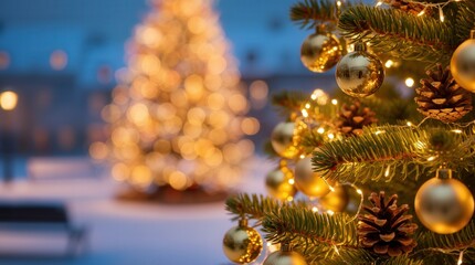 Close-up of Christmas tree branches with golden baubles, pinecones, and fairy lights against a blurred bokeh background. Perfect for festive branding, seasonal décor, and holiday campaigns.