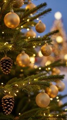 Close-up of Christmas tree branches with golden baubles, pinecones, and fairy lights against a blurred bokeh background. Perfect for festive branding, seasonal décor, and holiday campaigns.