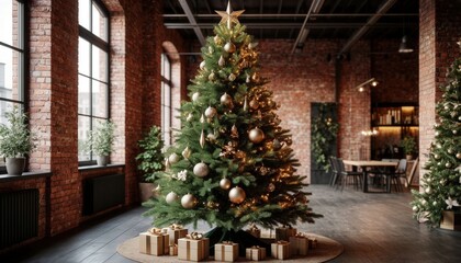 Modern Christmas tree with geometric ornaments, metallic accents in a stylish loft with brick walls and large windows, glowing in warm ambient light. Perfect for contemporary holiday branding visuals.