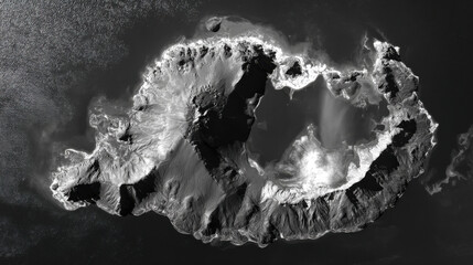 Obraz premium Black-and-white satellite image of a newborn island glowing with geothermal energy in glacial waters.