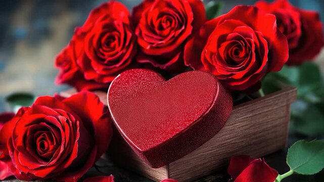 A beautiful arrangement of red roses in a heart-shaped box, perfect for romantic gestures and Valentine's Day