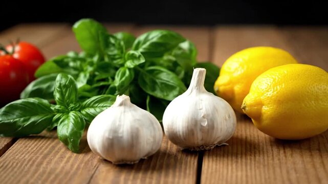 A video introducing fresh, essential ingredients for cooking, featuring vibrant green basil, ripe red tomatoes, fragrant garlic bulbs, and bright yellow lemons arranged on a rustic wooden surface.
