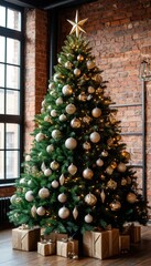 Modern Christmas tree with geometric ornaments, metallic accents in a stylish loft with brick walls and large windows, glowing in warm ambient light. Perfect for contemporary holiday branding visuals.