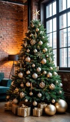 Modern Christmas tree with geometric ornaments, metallic accents in a stylish loft with brick walls and large windows, glowing in warm ambient light. Perfect for contemporary holiday branding visuals.