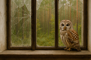 An owl on the windowsill by the broken window.