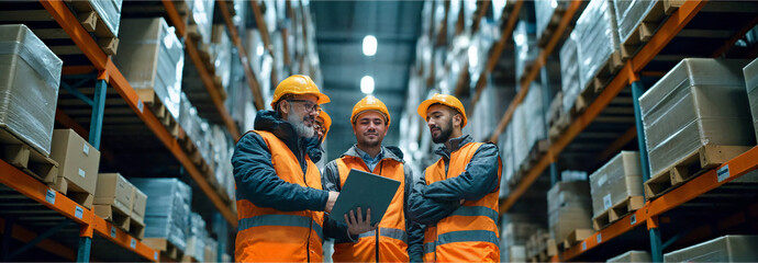Three warehouse workers engage in a focused discussion, illuminated by the rows of stored goods. the sense of collaboration within a logistic landscape.