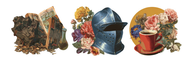 Retro Collage with Flowers, Armor, and Vintage Objects on Transparent Background