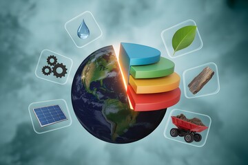 Earth globe with renewable energy sources pie chart sustainable resources concept for environmental protection and green energy 3D rendering