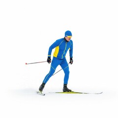 Obraz premium Cross-country skier in blue and yellow racing suit moving quickly across fresh snow. Isolated white background.