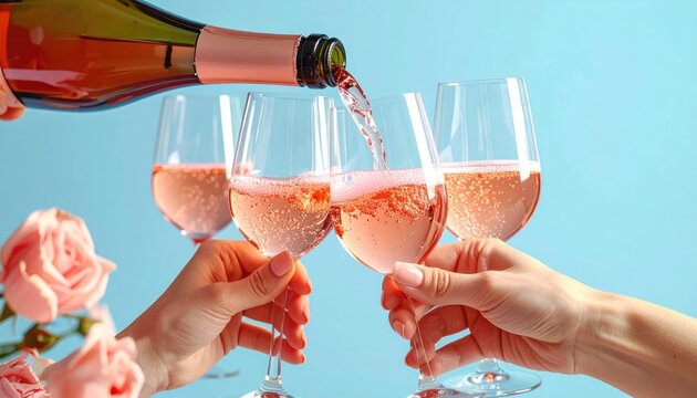 Rose wine pouring into the glasses. Friends toasting, flowers background, celebration