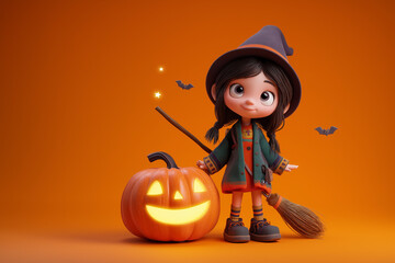  cute little witch with a playful expression standing next to a glowing Halloween pumpkin
