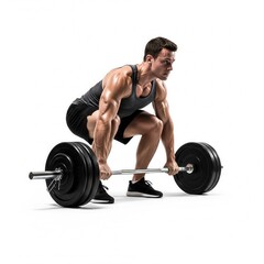 Muscular man squats in the starting position for a heavy deadlift with a barbell.Isolated white background.