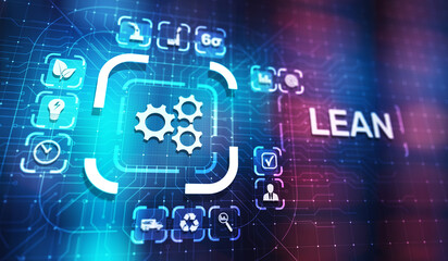 Lean, Six sigma, quality control and manufacturing process management concept on virtual screen.