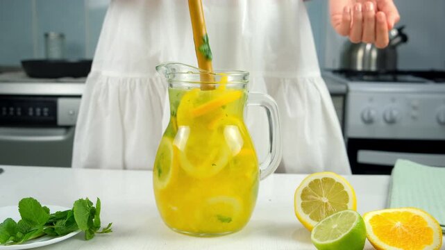 Woman preparing homemade lemonade mixing citrus fruit with water in jug using masher stick. Cooking mixing herb mint, orange, lime, lemon on kitchen at home. Recipe cuisine culinary ingredient.