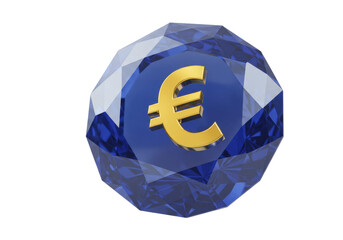 Golden euro sign on a blue gemstone isolated, currency symbol on a precious stone for finance and...