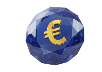 Golden euro sign on a blue gemstone isolated, currency symbol on a precious stone for finance and investment concepts