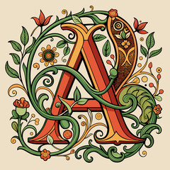 Ornate illuminated letter a with floral embellishments