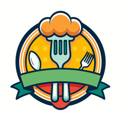Chef hat and utensils emblem with ribbon for food business