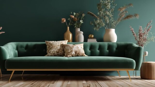 Elegant living room interior with sofa vases and decorative elements
