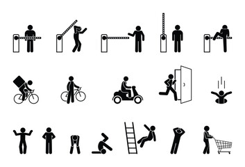 Transport and checkpoint icon set, people at a barrier, no entry, stick figures, isolated silhouettes