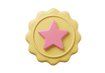 Yellow award badge with pink star isolated PNG, achievement icon for recognition and quality assurance on transparent background