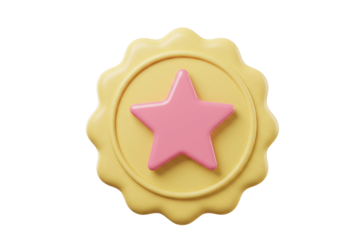 Yellow award badge with pink star isolated PNG, achievement icon for recognition and quality assurance on transparent background