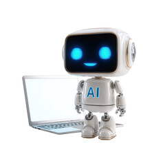 Cute AI Robot with Laptop on Transparent Background