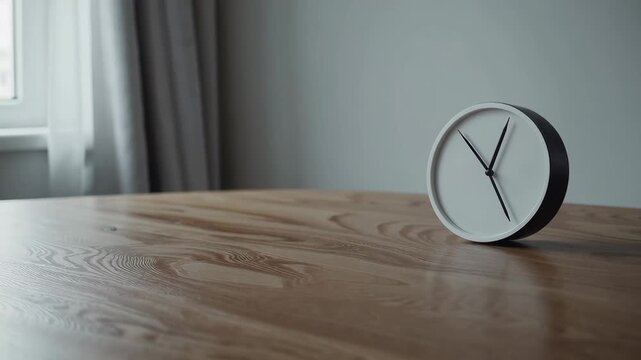 Tilted clock gently adjusted on wooden table near window in soft natural light