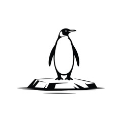 A stylized penguin stands alone on an ice floe