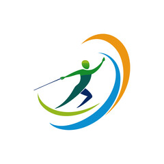 Abstract fencer with colorful swooshes art on transparent background