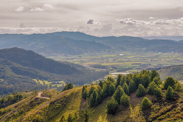 A fir forest in a top of a hill at sunset, with a view of the Cucaita village and the farm lands all around, in the eastern Andean mountains of central Colombia.