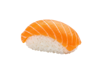 Salmon nigiri isolated on transparent background, Japanese cuisine sushi with fresh fish and rice for restaurant menu and food photography