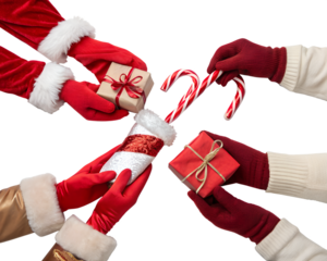 Hands in festive gloves hold Christmas gifts and candy canes. The scene features red and white colors, emphasizing holiday spirit and celebration.